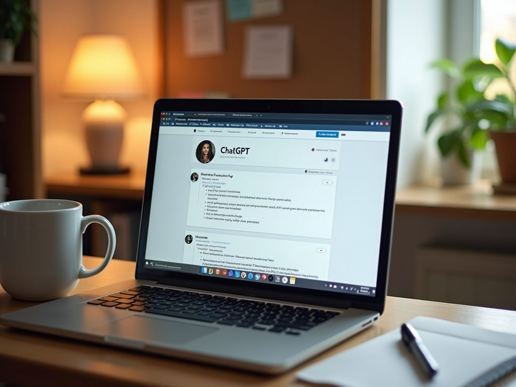 A laptop displays a ChatGPT web page, with a coffee mug nearby and a plant in the background, in a cozy setting.