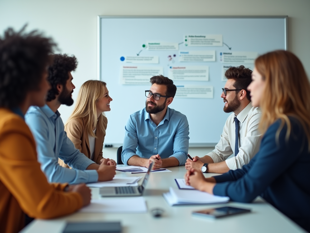 Diverse team engaged in a discussion with presentation board in background.