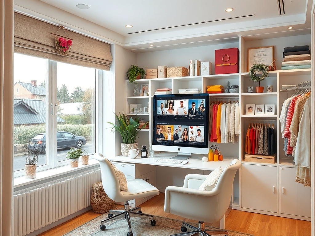A stylish home office with two chairs, a large screen, shelves of clothes, and a bright window view.