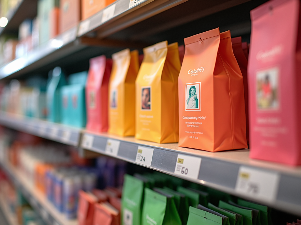 Colorful coffee packages on a supermarket shelf, focus on orange bag in center.