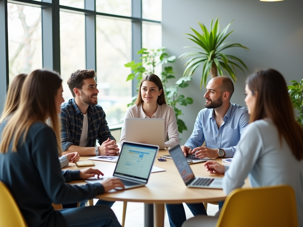 A group of six people collaborate around a table with laptops and plants in a bright meeting space.