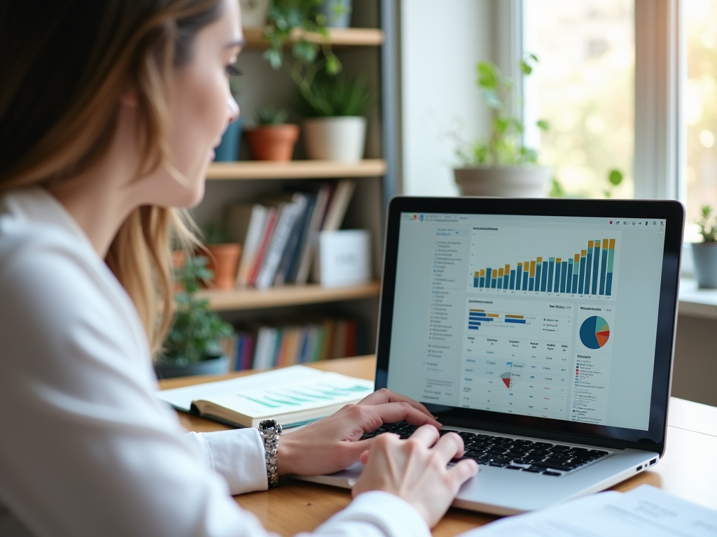 Woman analyzing various business charts and graphs on a laptop screen in a bright office.