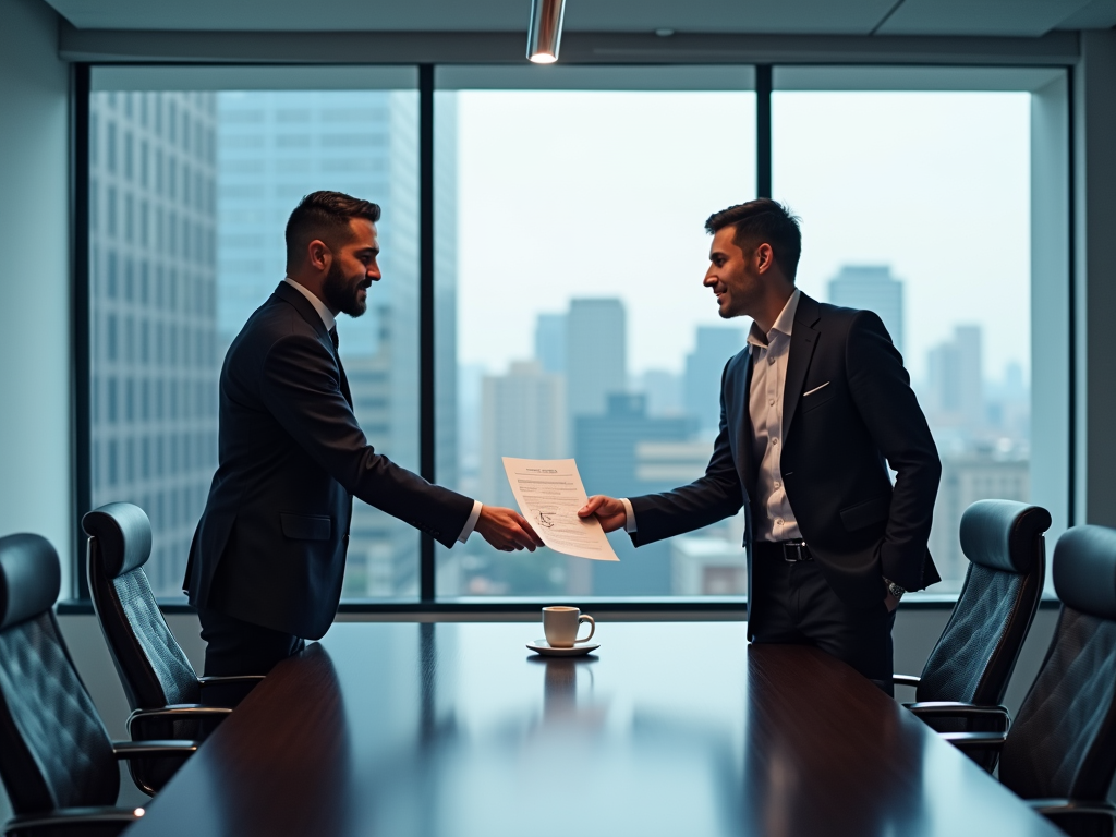 Two businessmen in suits shake hands while exchanging documents in a modern office with a city view.