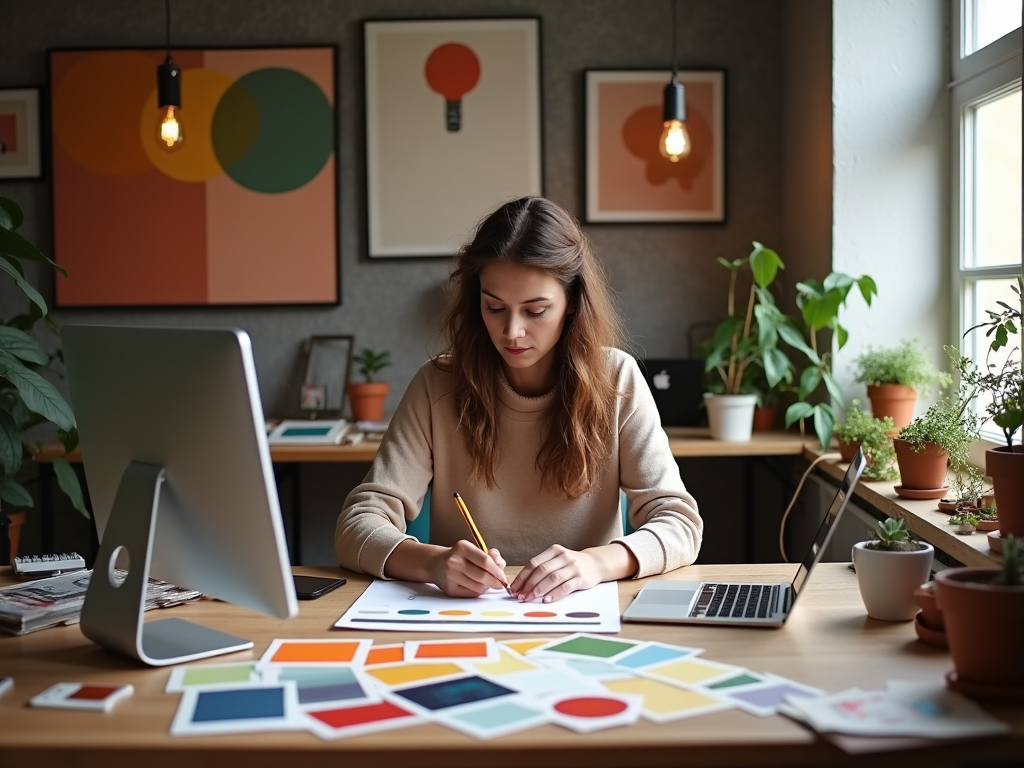 Woman working on color samples in a cozy, plant-filled office.