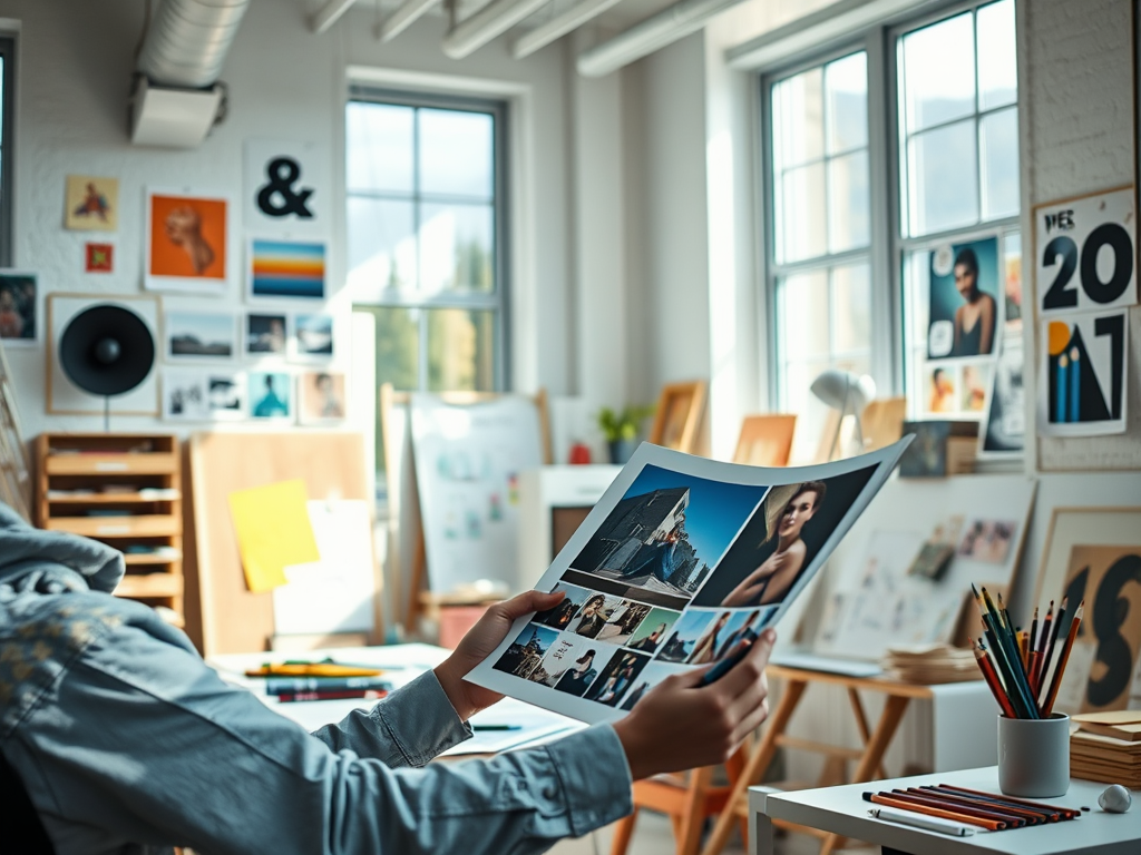 A person holds a photo print in a bright creative studio filled with artwork and design materials.