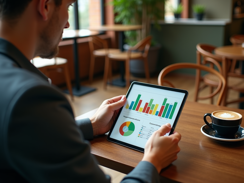 Businessman analyzing data on a tablet in a cafe, with a cup of coffee nearby.