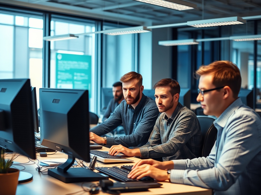 A group of four men work diligently at computers in a modern office setting, focused on their tasks.