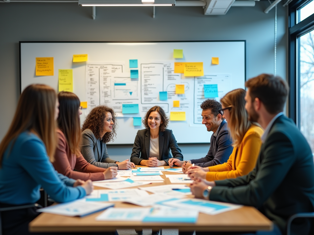 Group of business professionals smiling during a meeting around a table with documents and sticky notes.