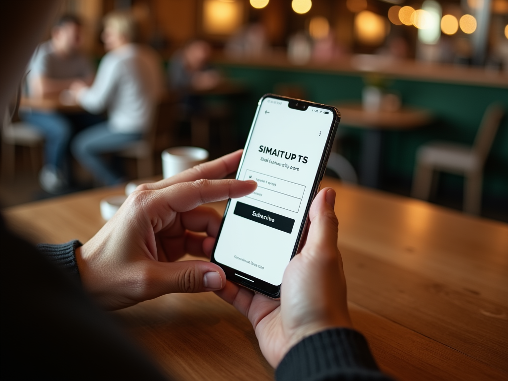 A person is holding a smartphone displaying a subscription page in a café setting.