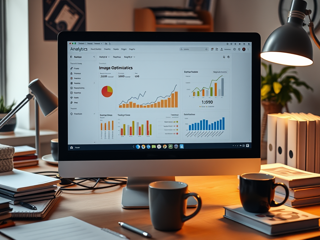 A computer monitor displaying analytics data with graphs, charts, and metrics, surrounded by notebooks and cups.