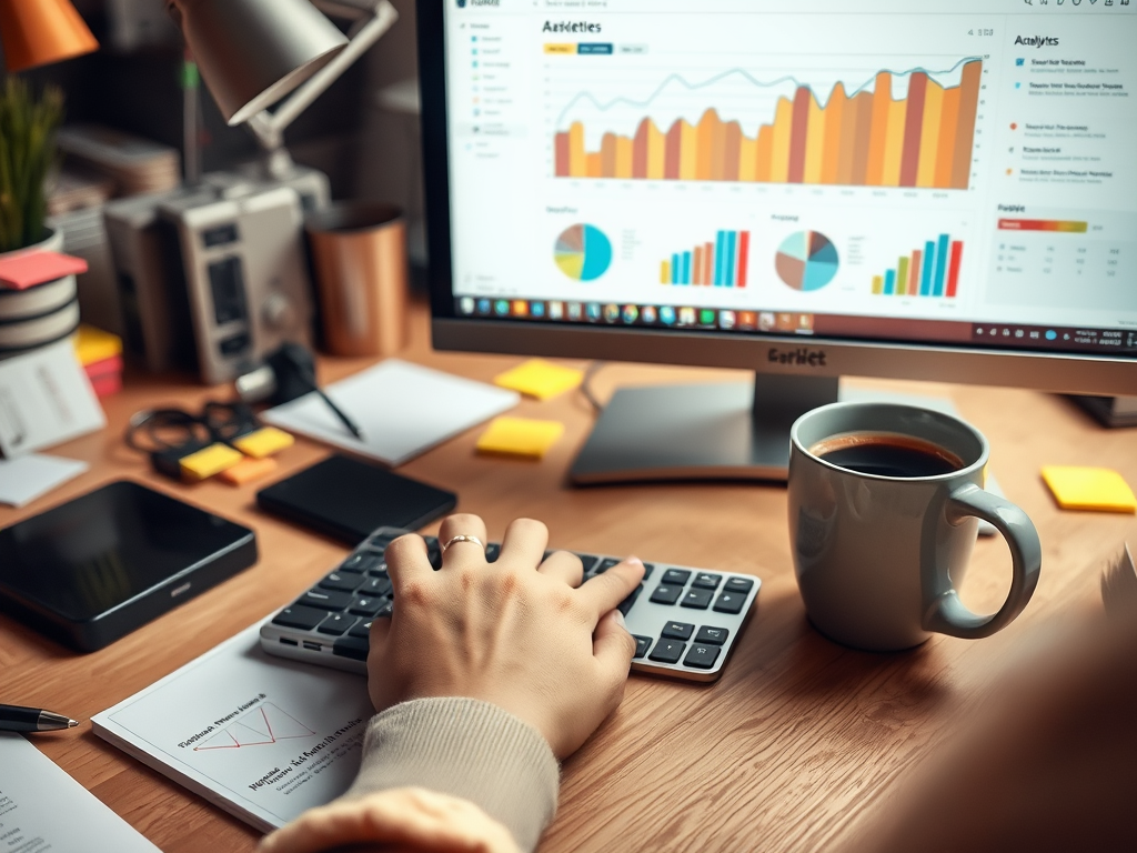 A desk with a computer displaying data analytics, a calculator, papers, and a coffee mug in a cozy workspace.