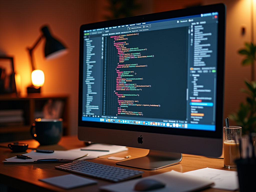 Computer monitors displaying code in a cozy home office setup at night.