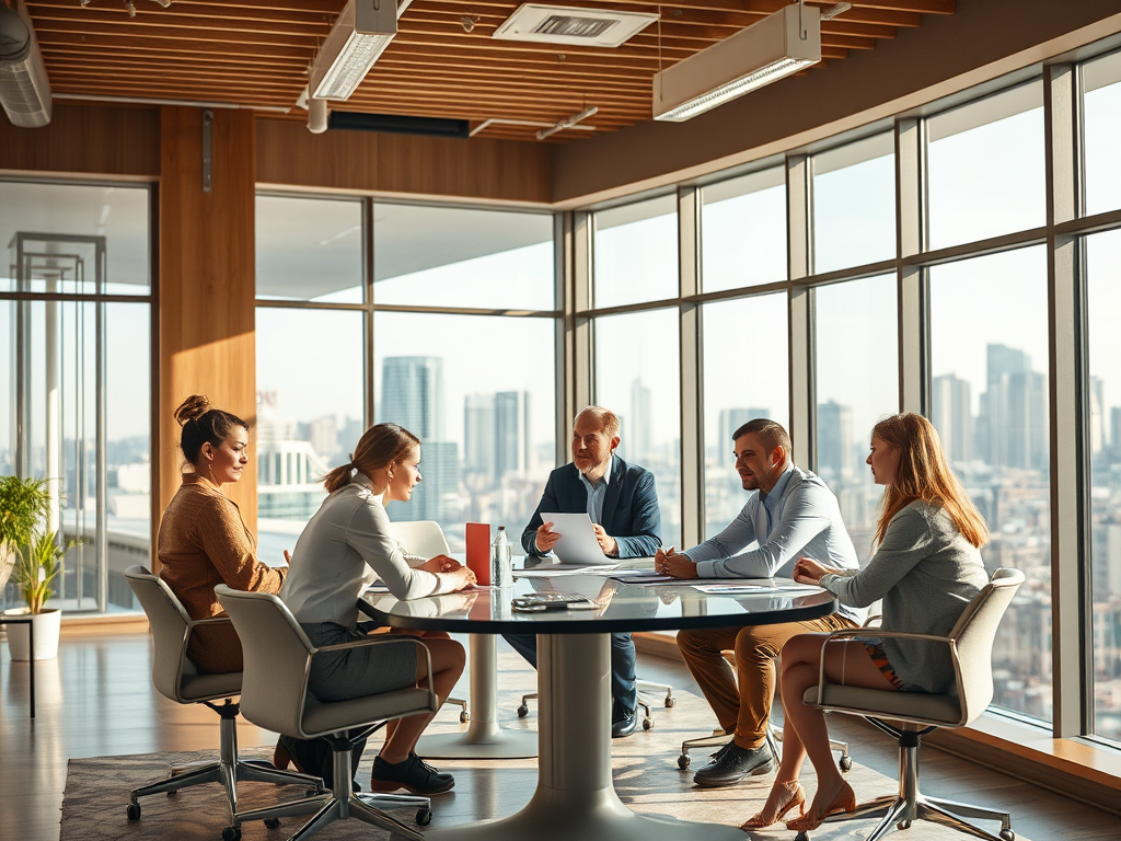 A diverse group of professionals engaged in a meeting around a glass table with a city skyline in the background.