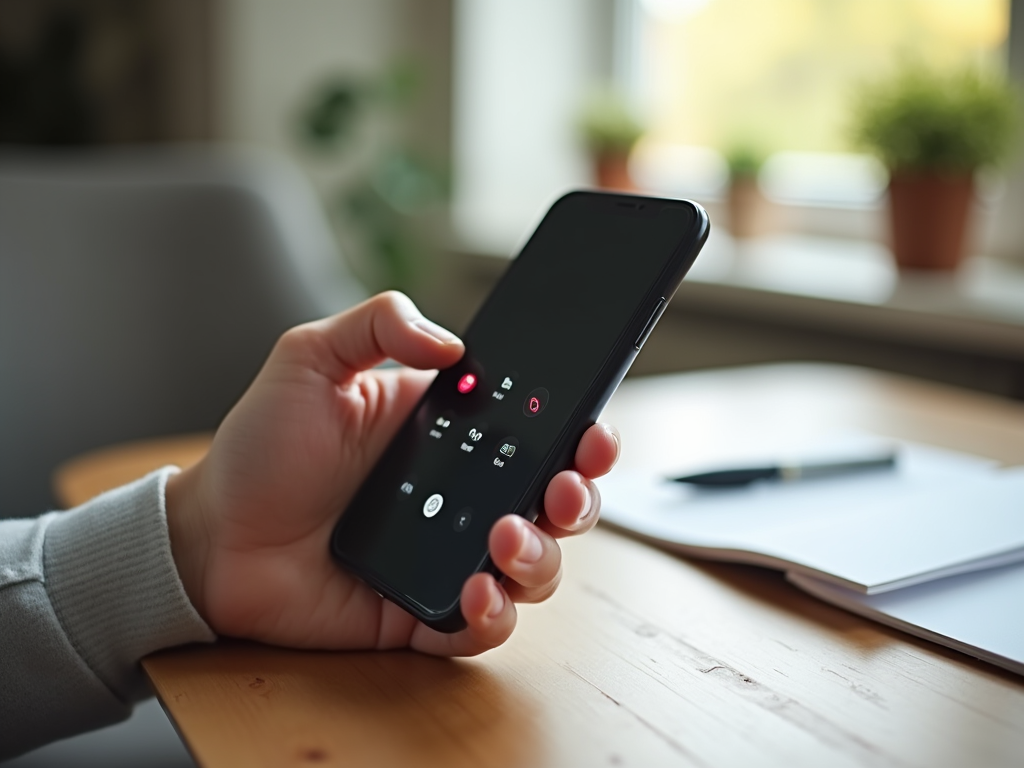 Close-up of a hand holding a smartphone with screen showing an active call interface.