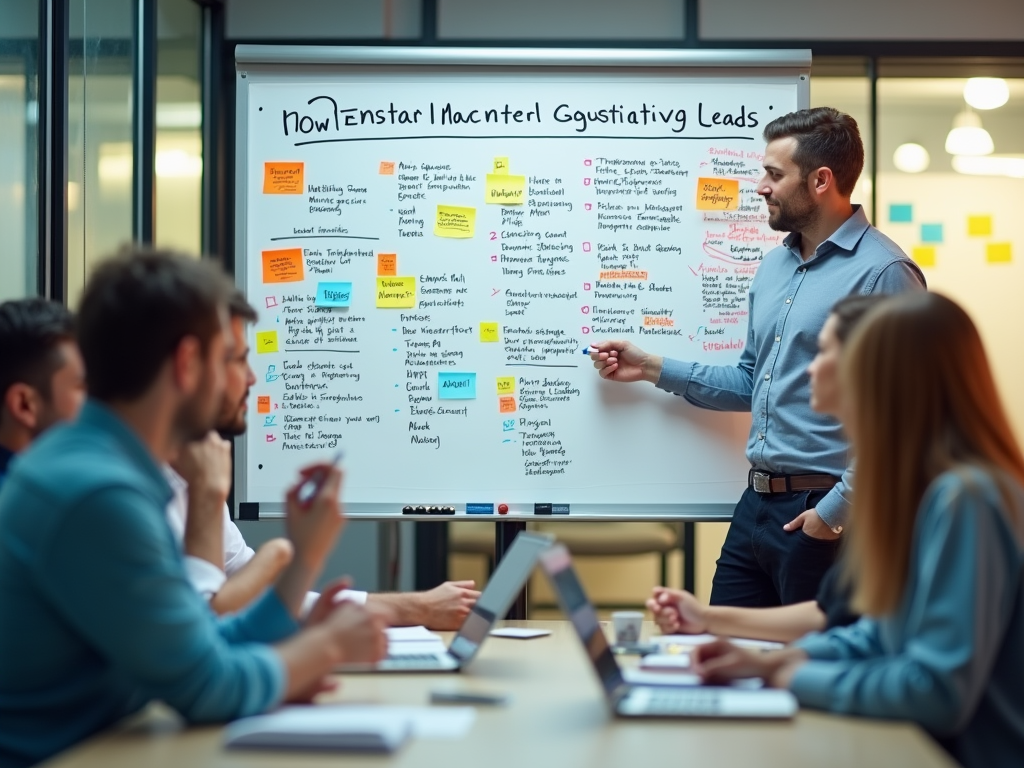 Man presenting to colleagues with engaged audience, using a vibrant, sticky note-filled whiteboard.