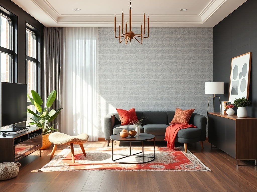 A modern living room with a cozy sofa, plants, a TV, and stylish decor, featuring natural light and warm tones.