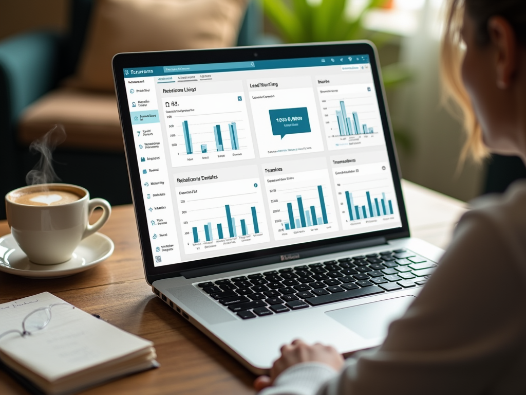 Woman analyzing data on laptop with graphs displayed; coffee cup and notebook on table.