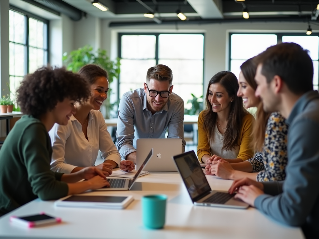 Diverse group of professionals smiling and collaborating around a laptop in a modern office.