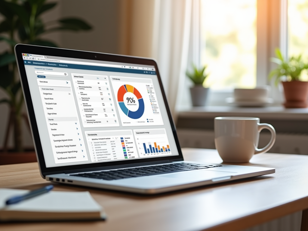 Laptop displaying graphs and analytics on screen, placed on a wooden desk next to a white cup.