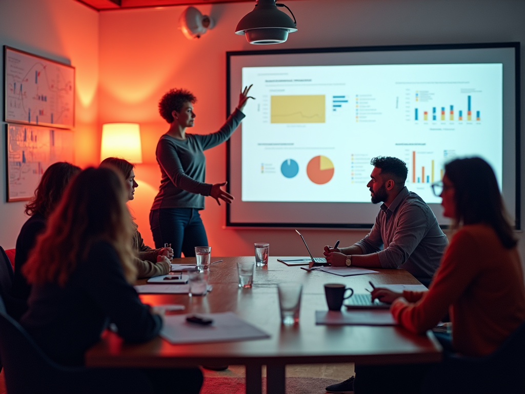 Woman presenting data charts to a group during a business meeting in a dimly lit room.