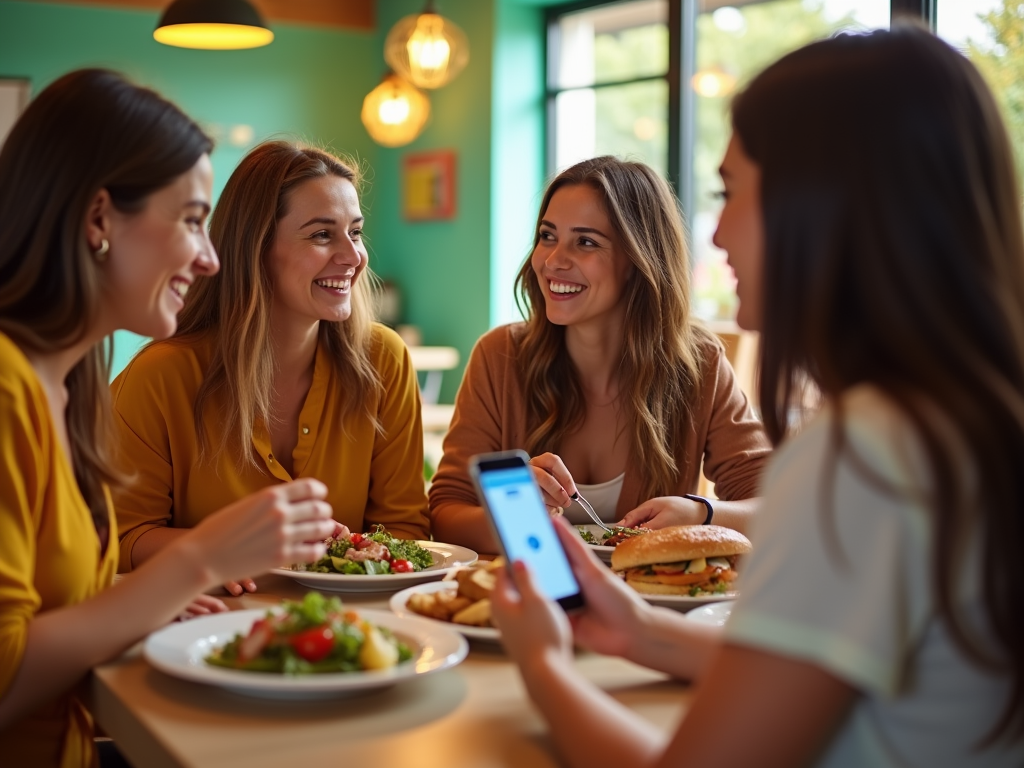 Four friends enjoy a meal together at a vibrant restaurant, sharing laughter and meals with colorful salads and burgers.