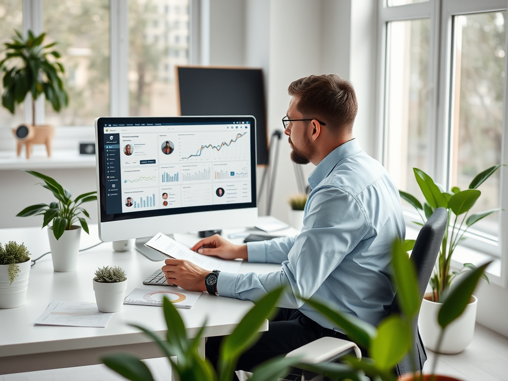 A man in a light blue shirt works at a desk with a computer, analyzing data and surrounded by plants.