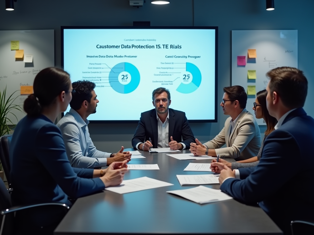 Business professionals in a meeting discussing customer data protection with a presentation in the background.