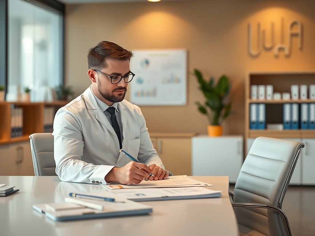 A focused professional in a white coat writing notes at a desk in a well-lit office with charts and plants.