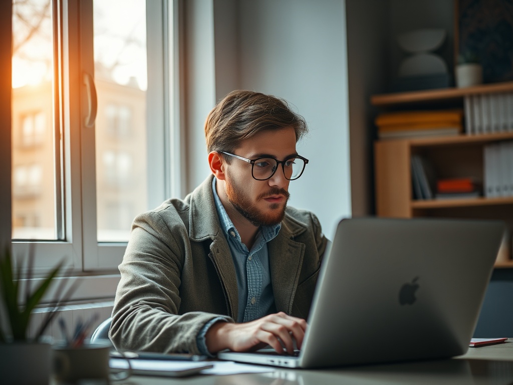 A young man with glasses works intently on a laptop by a window, with warm light illuminating the room.