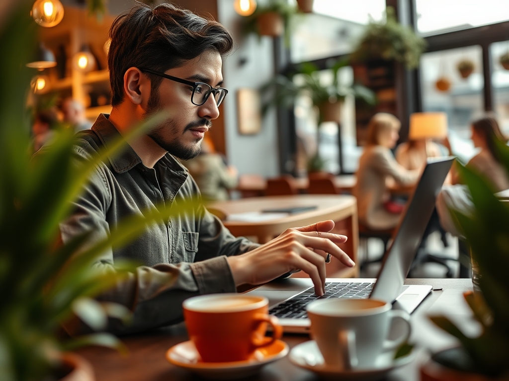 A man works on a laptop in a cozy café, surrounded by plants and enjoying coffee.