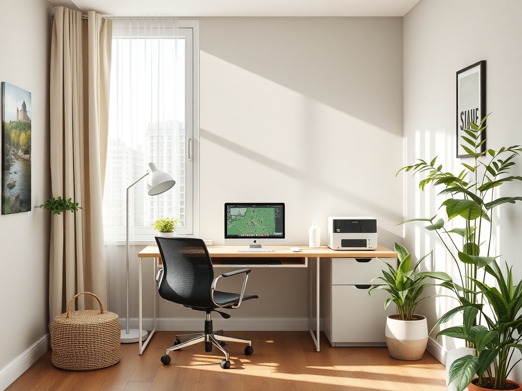 A modern home office with a desk, chair, computer, printer, and plants, featuring large windows and natural light.