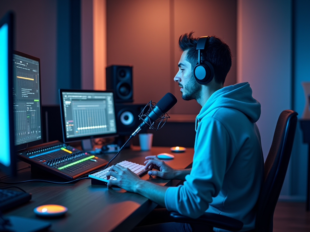 Man in headphones using microphone and mixing console in a studio lit with blue light.