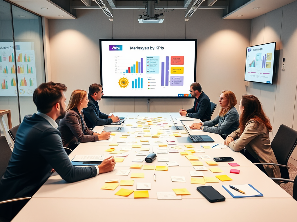 A business meeting with six professionals discussing KPIs, surrounded by sticky notes and data presentations on screens.