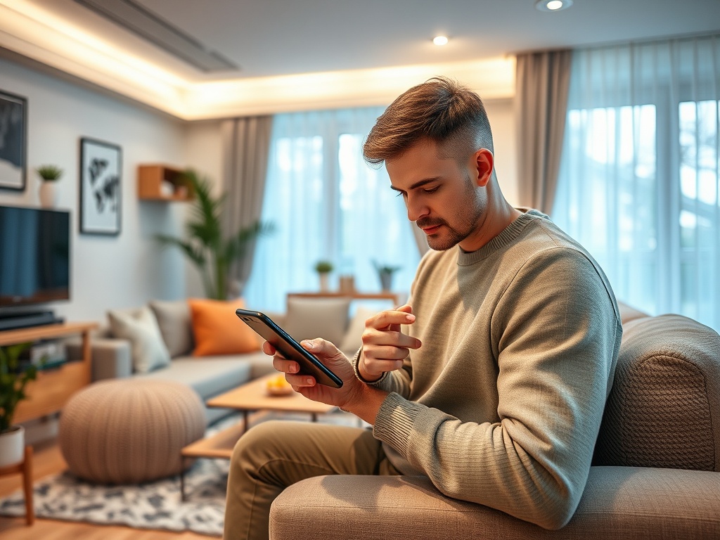 A young man sits on a couch, using a smartphone in a cozy living room with natural light and modern decor.