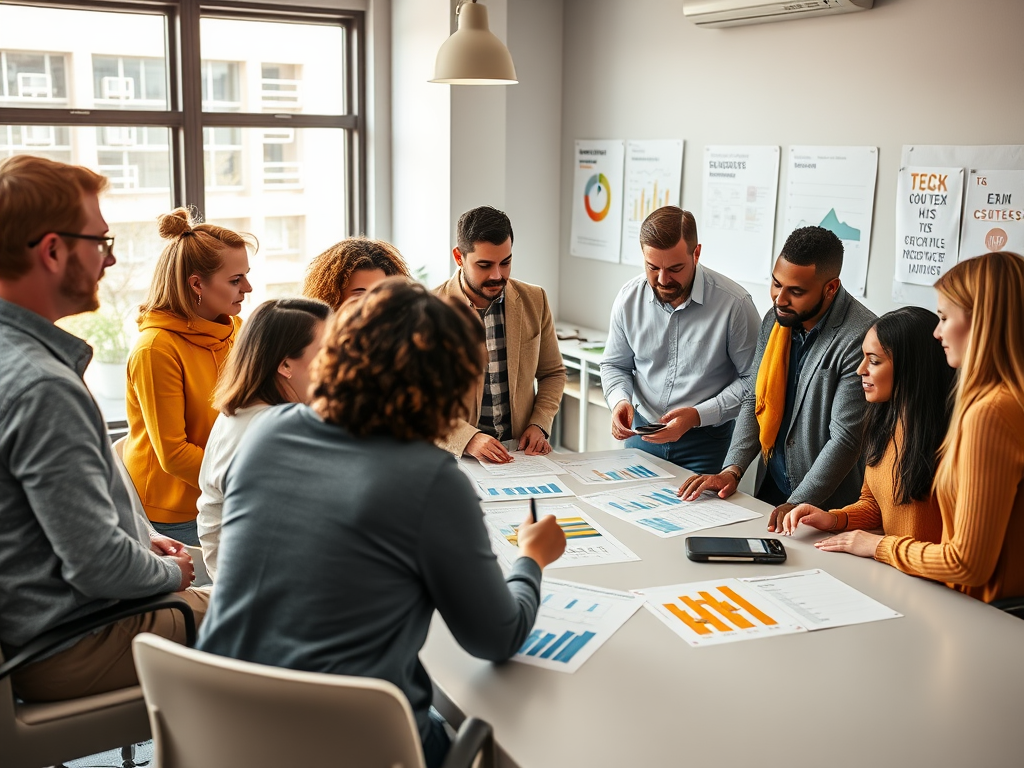 A diverse group of colleagues collaborate around a table, analyzing charts and discussing ideas in a bright office.