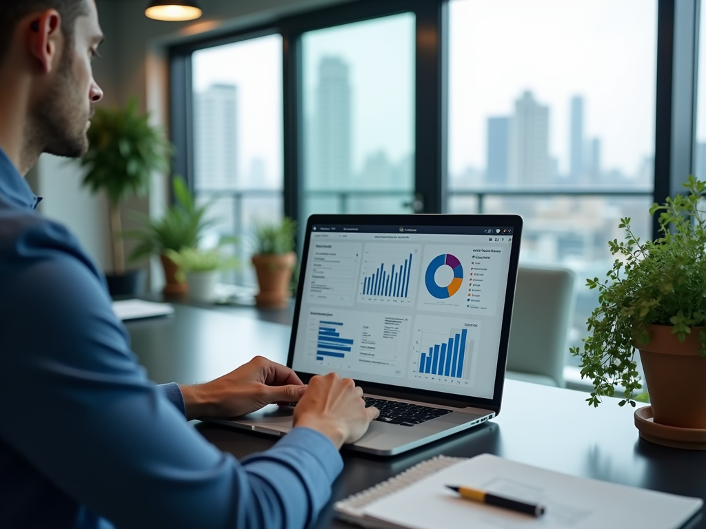 Man analyzes data on laptop with graphs, in office with city view.