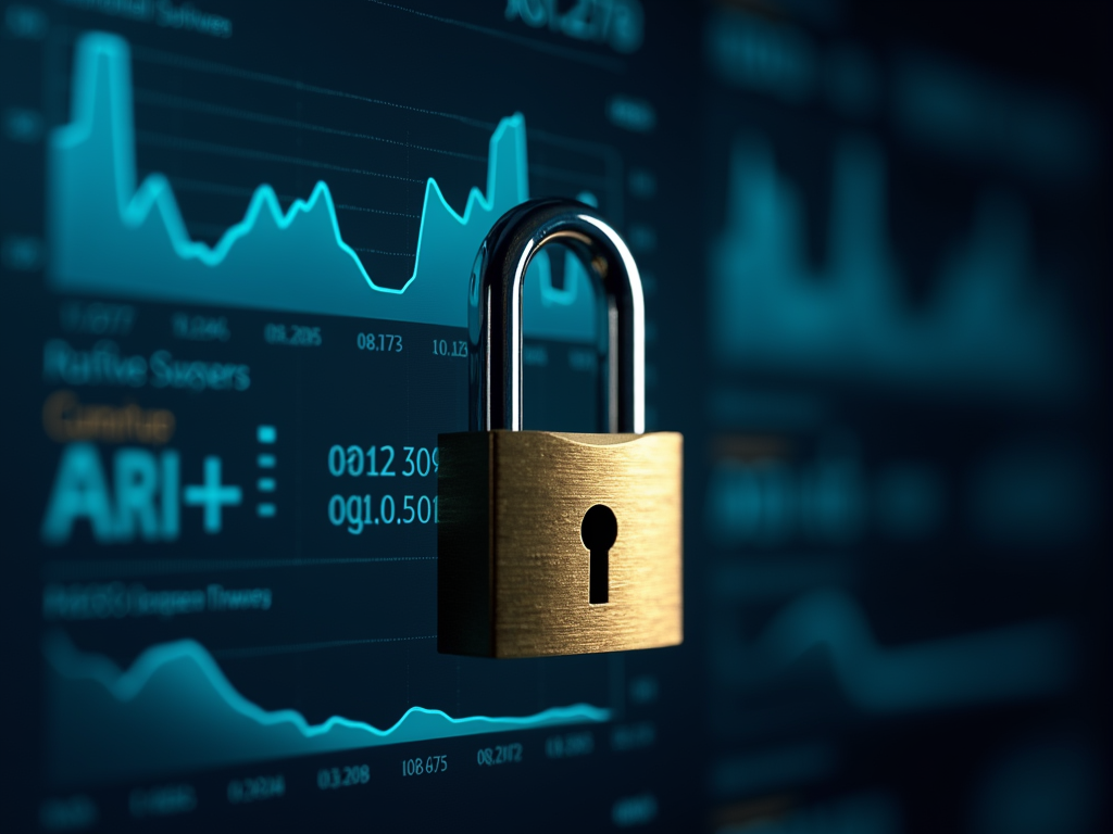 Padlock in front of digital financial data charts, symbolizing data security.