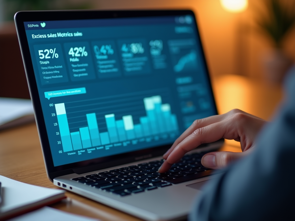 A person using a laptop displays a sales metrics dashboard with charts and statistical data.