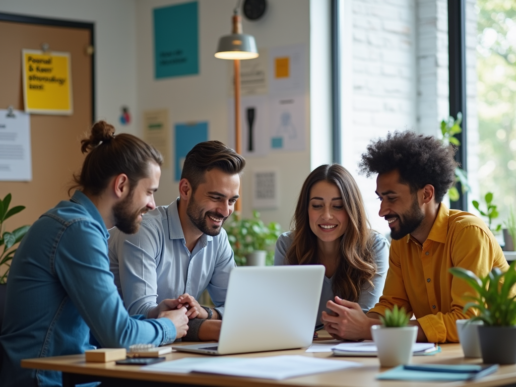 Four professionals cheerfully collaborating over a laptop in a bright, modern office space.